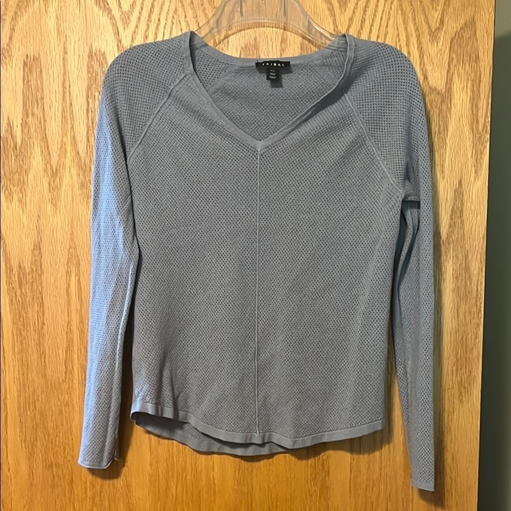 Tribal Gray Textured V-Neck Long Sleeve Top